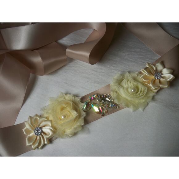 Blush AB Rhinestone Flower Appliqued Floral Bridal MOB Prom Party Formal Belt - Picture 4 of 5